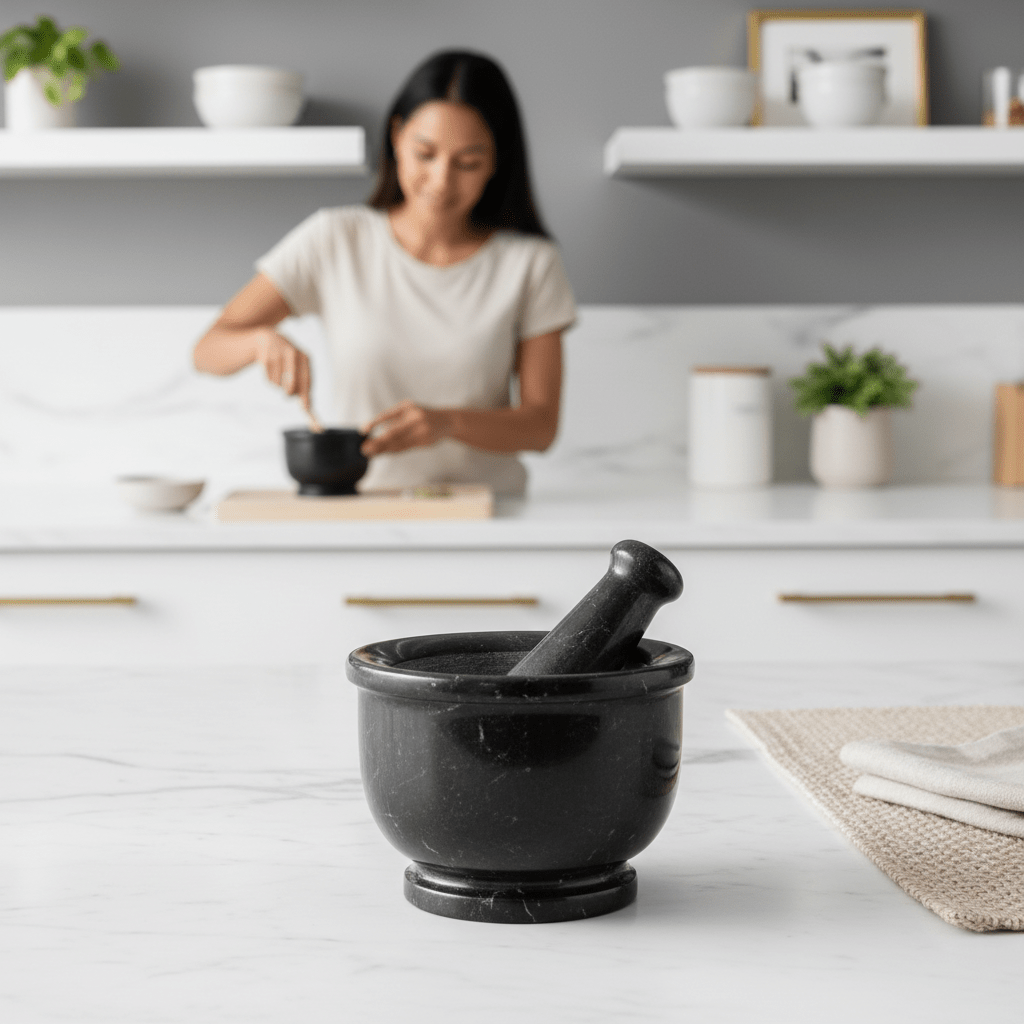 Marmore Black Marble Mortar And Pestle With Rim