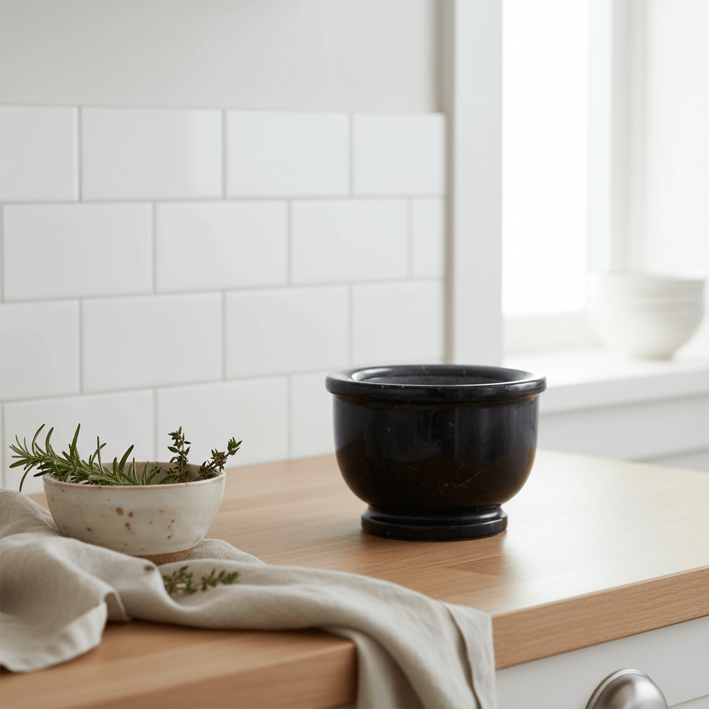 Marmore Black Marble Mortar And Pestle With Rim