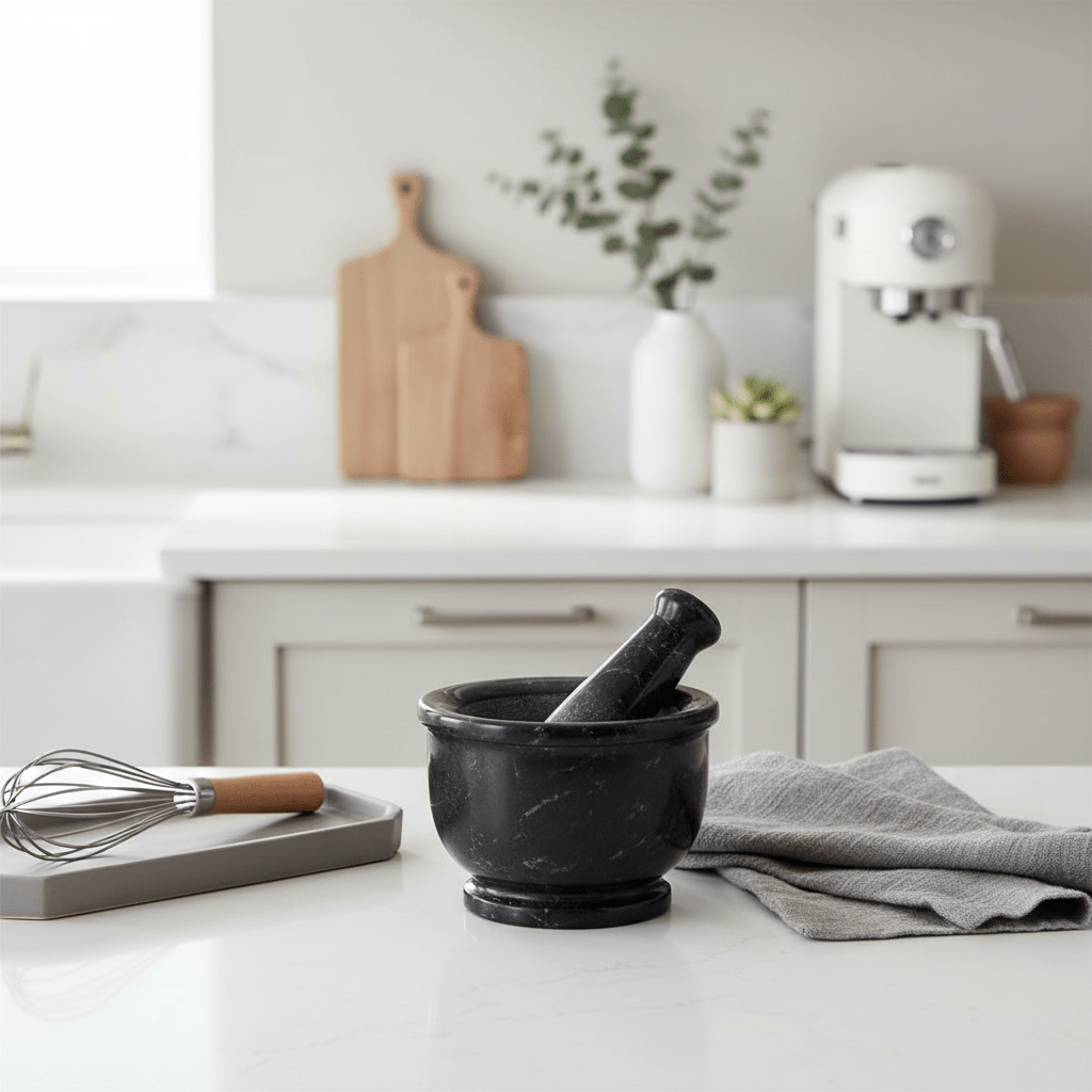 Marmore Black Marble Mortar And Pestle With Rim