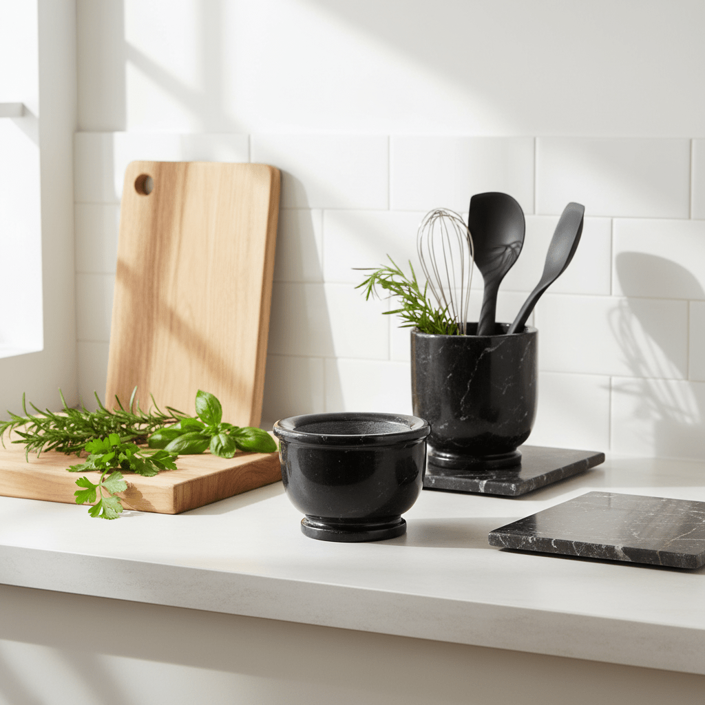 Marmore Black Marble Mortar And Pestle With Rim