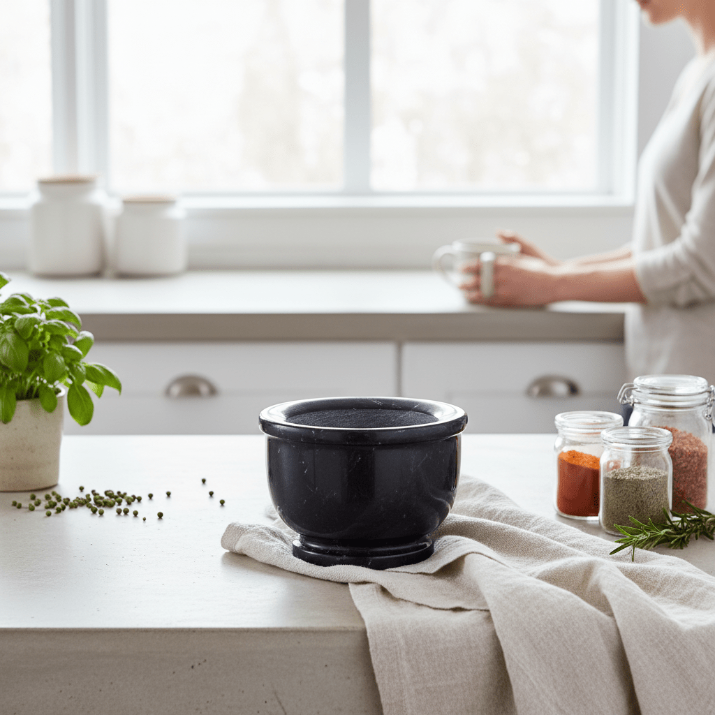 Marmore Black Marble Mortar And Pestle With Rim