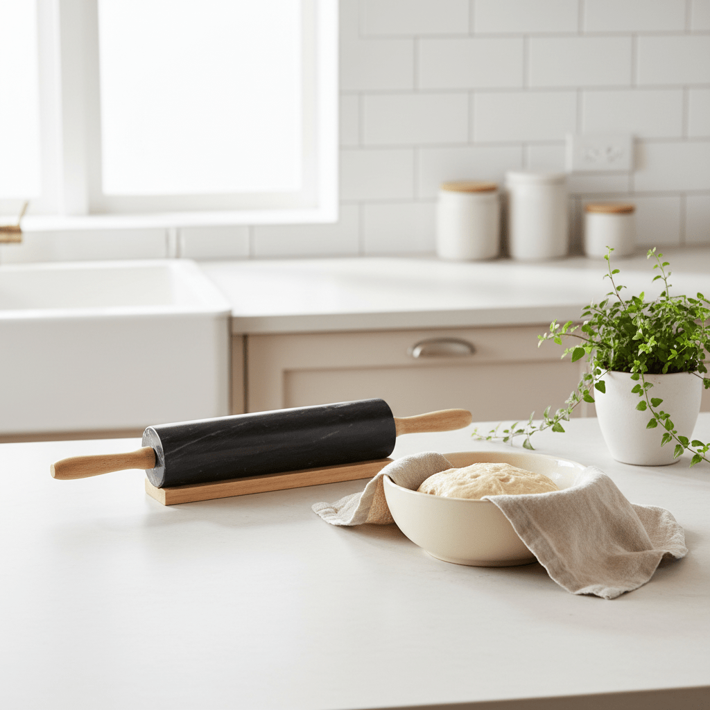 Marmore Black Marble Rolling Pin With Wooden Handles