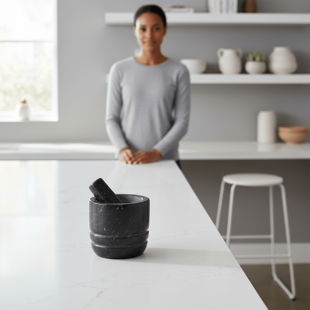 Marmore Black Marble Textured Mortar And Pestle