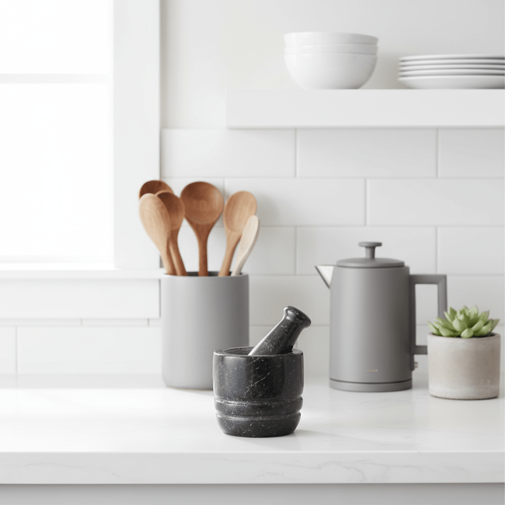 Marmore Black Marble Textured Mortar And Pestle