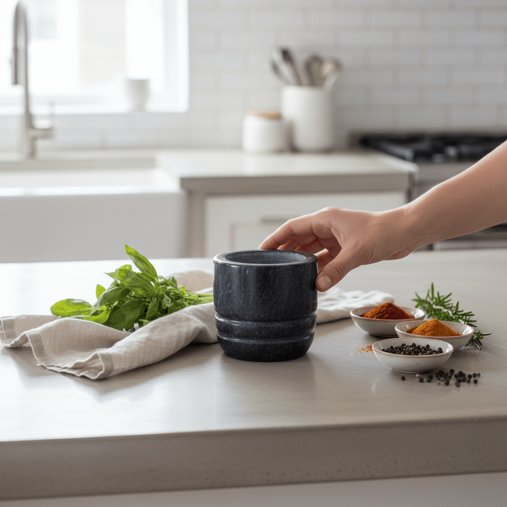 Marmore Black Marble Textured Mortar And Pestle