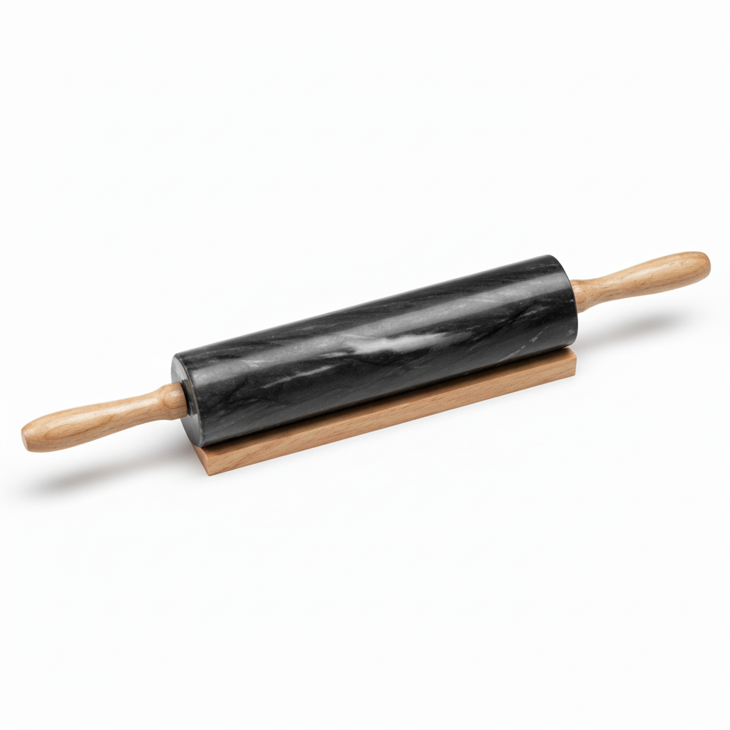 Marmore Black Marble Rolling Pin With Wooden Handles