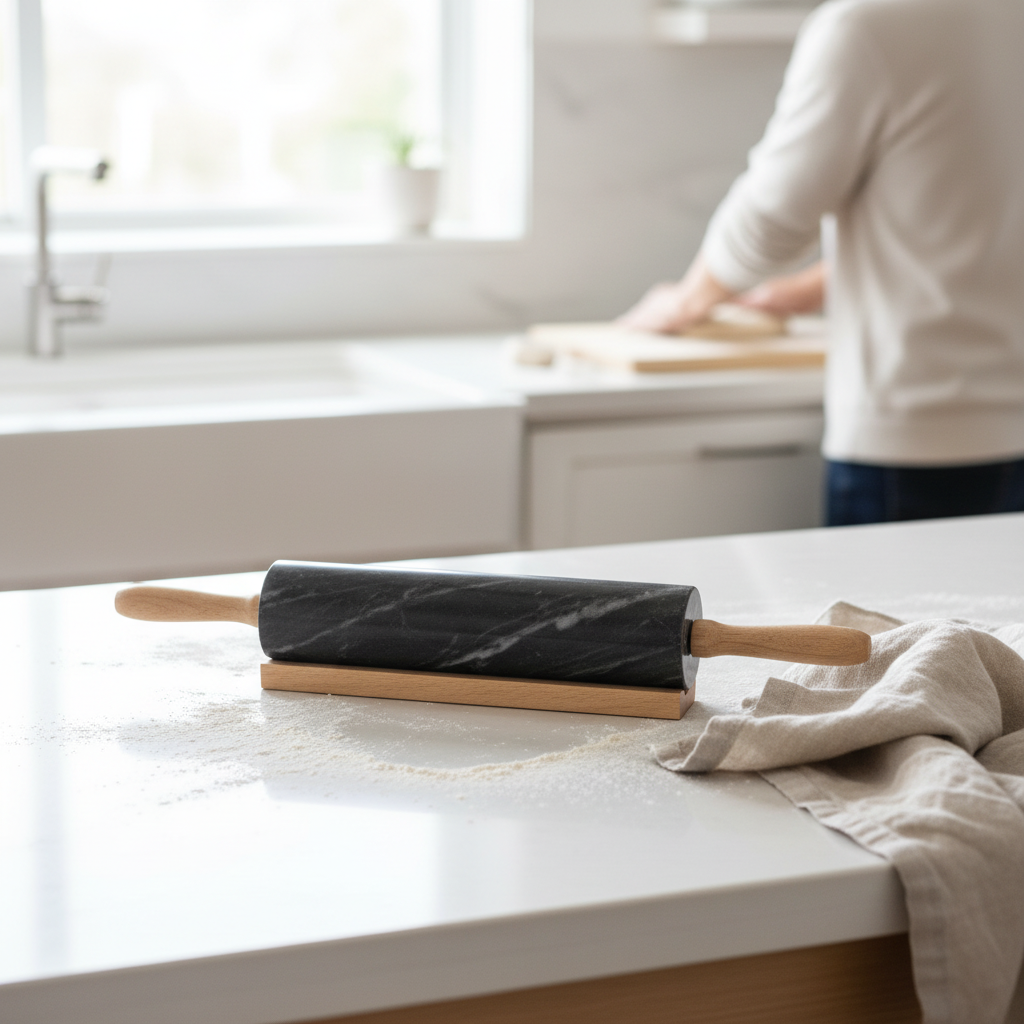 Marmore Black Marble Rolling Pin With Wooden Handles