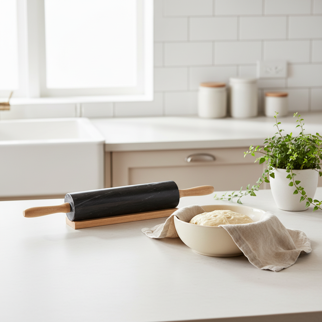 Marmore Black Marble Rolling Pin With Wooden Handles