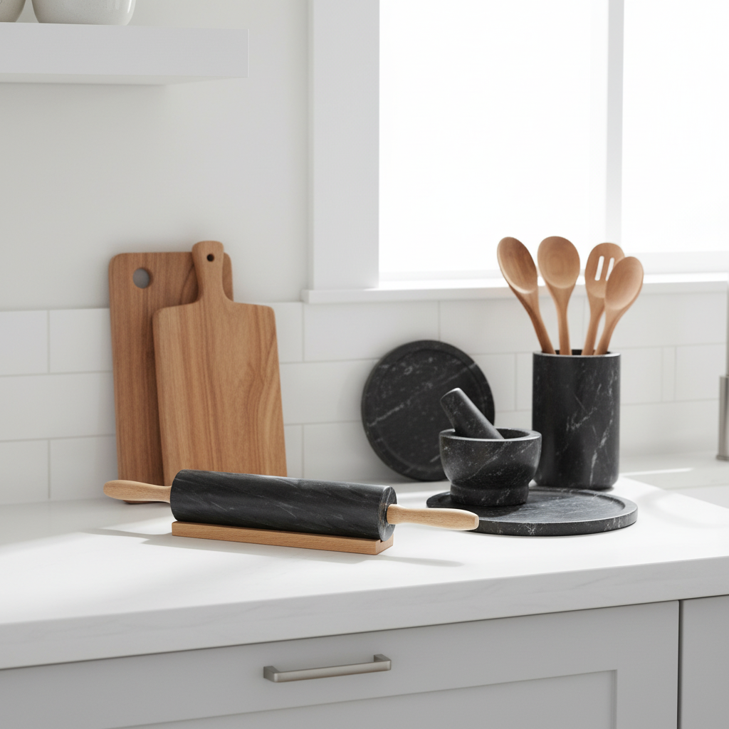 Marmore Black Marble Rolling Pin With Wooden Handles