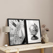 Masculine Wall Art Vintage Sundial & Antique Globe Black and White Art wall art displayed on a wall in a styled room