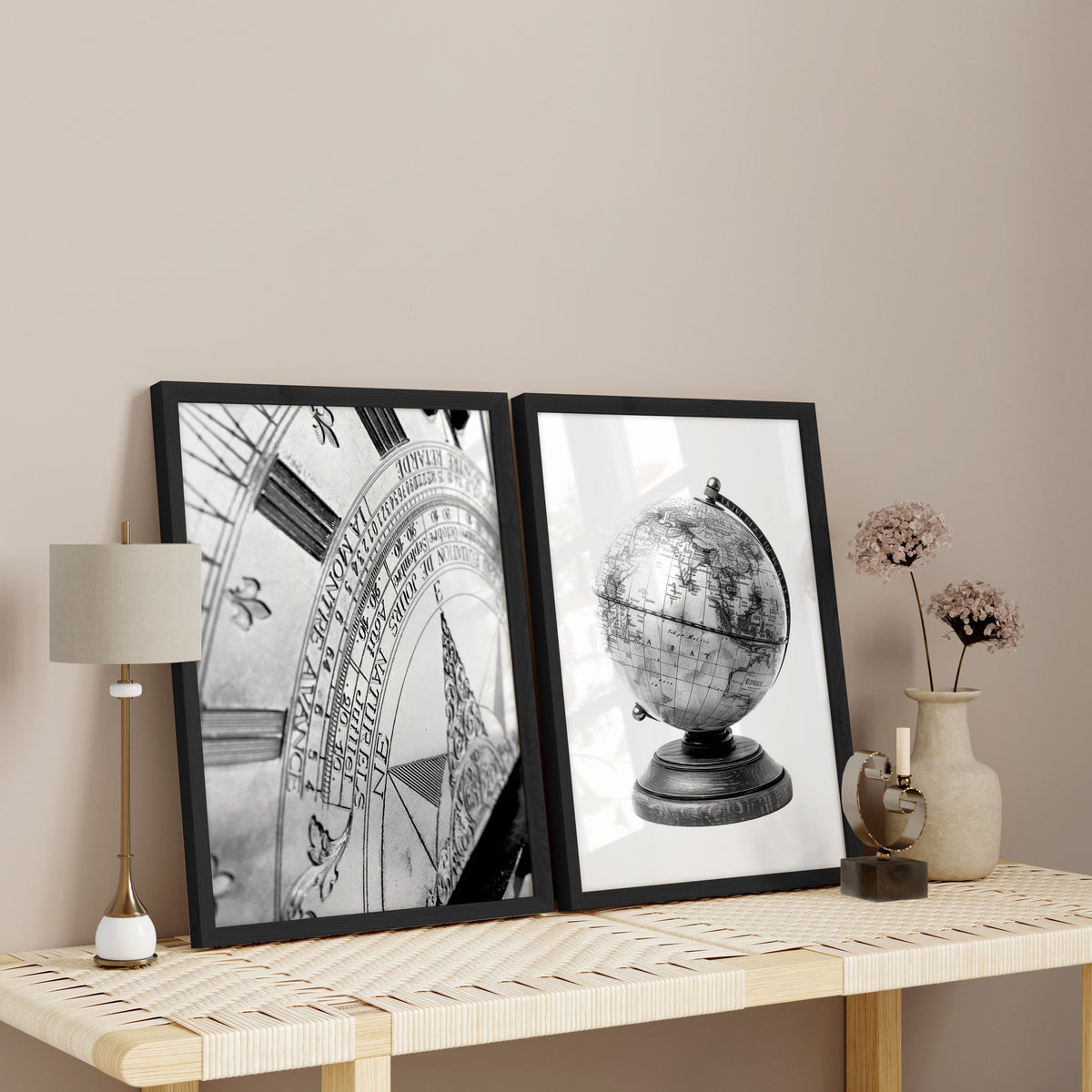 Masculine Wall Art Vintage Sundial & Antique Globe Black and White Art wall art displayed on a wall in a styled room