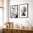 Masculine Wall Art Vintage Sundial & Antique Globe Black and White Art wall art displayed on a wall in a styled room — view 2