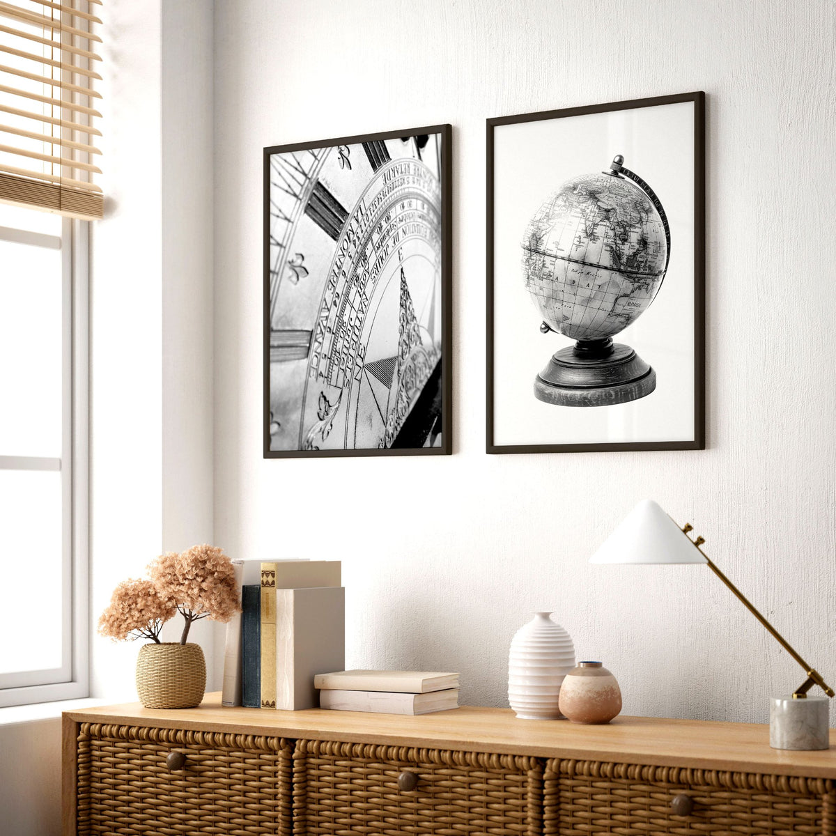 Masculine Wall Art Vintage Sundial & Antique Globe Black and White Art wall art displayed on a wall in a styled room — view 2