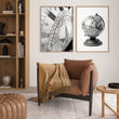 Masculine Wall Art Vintage Sundial & Antique Globe Black and White Art wall art displayed on a wall in a styled room — view 3