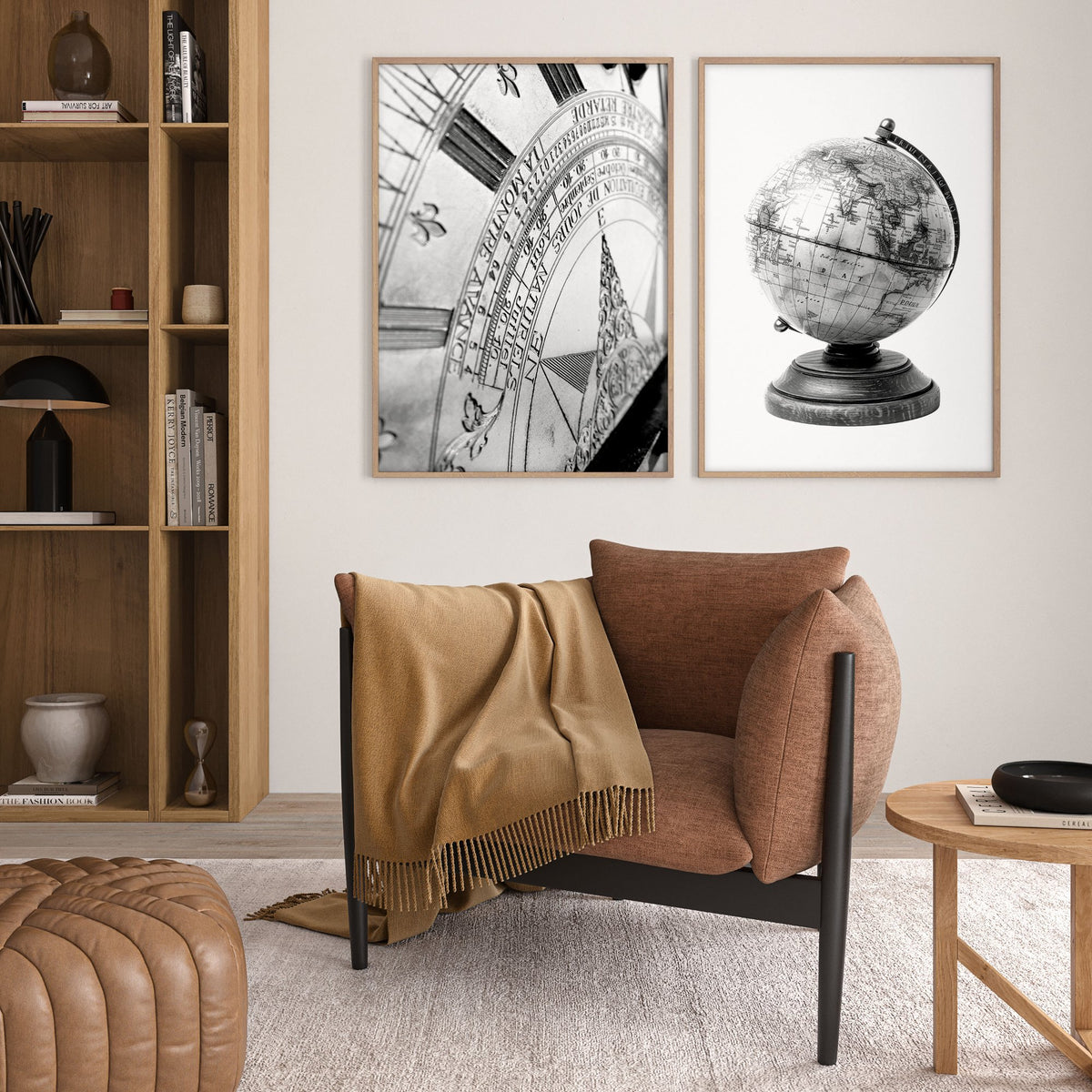 Masculine Wall Art Vintage Sundial & Antique Globe Black and White Art wall art displayed on a wall in a styled room — view 3