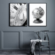 Masculine Wall Art Vintage Sundial & Antique Globe Black and White Art wall art displayed on a wall in a styled room — view 5