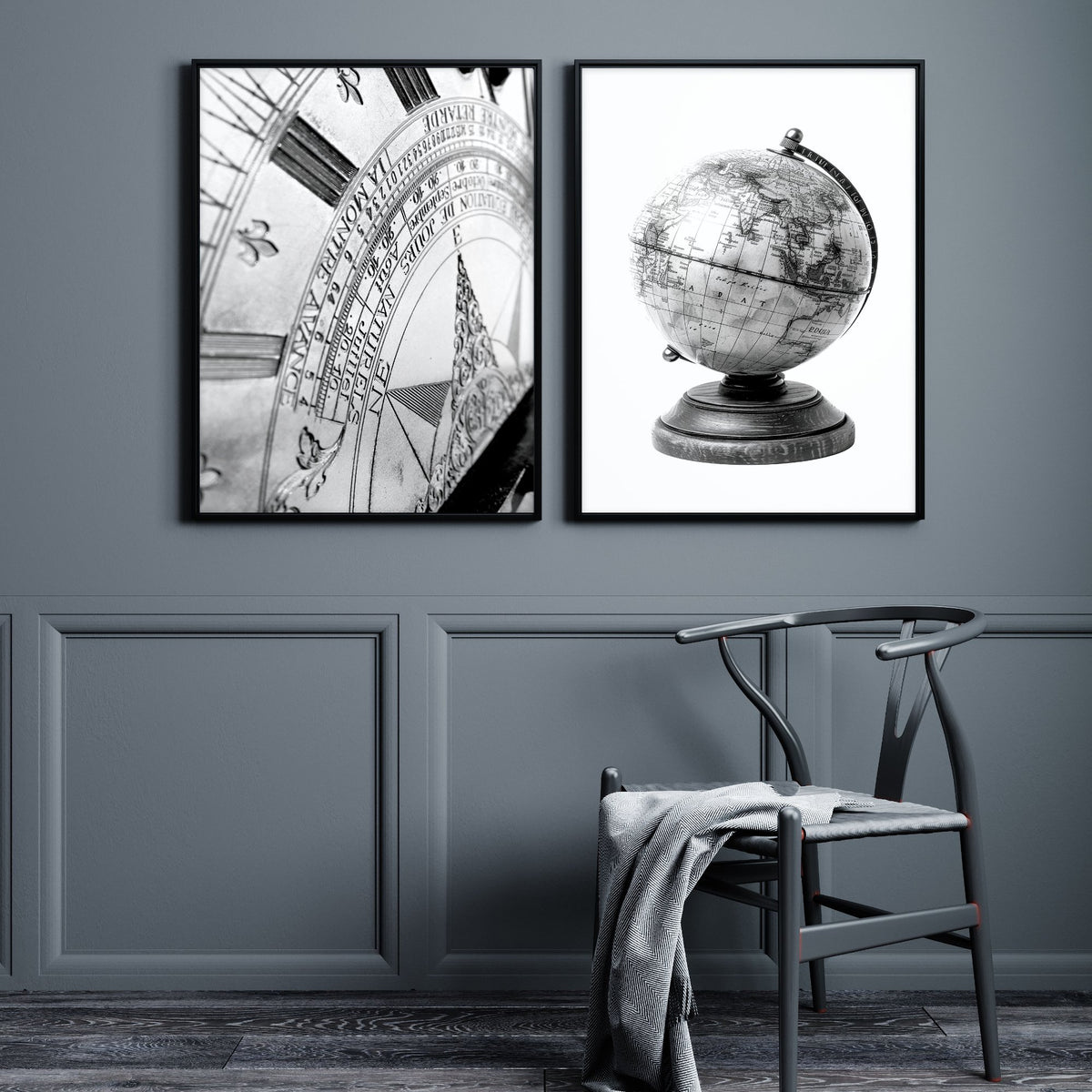 Masculine Wall Art Vintage Sundial & Antique Globe Black and White Art wall art displayed on a wall in a styled room — view 5