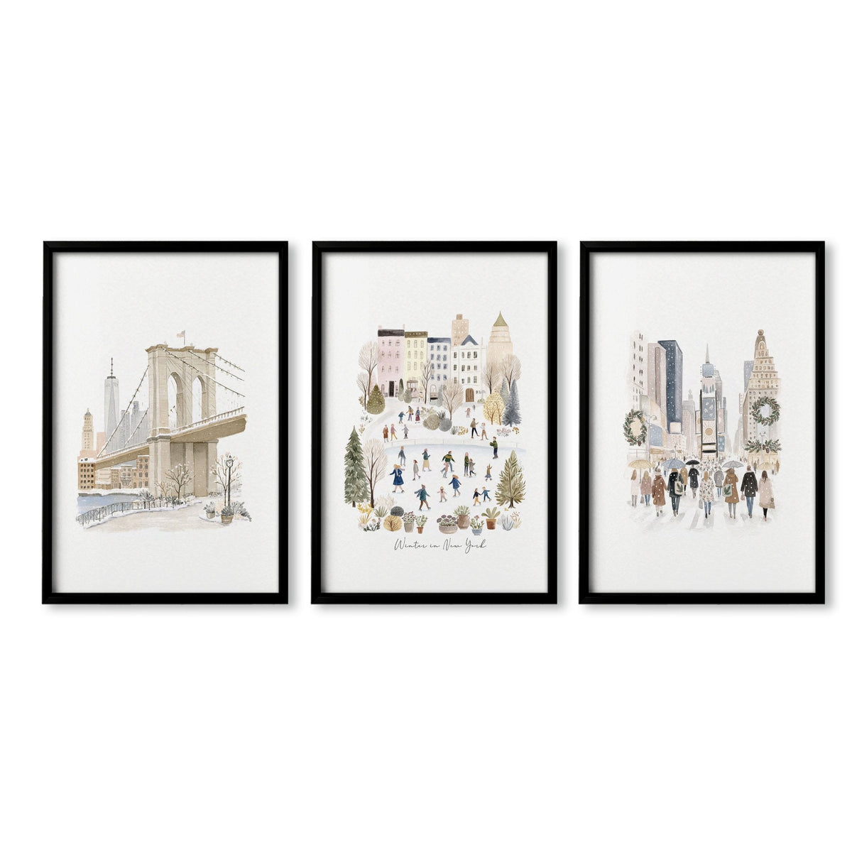 Master Bedroom Art Above Bed Winter New York Manhattan Wall Art Prints | "Winter in New York" | Set of 3