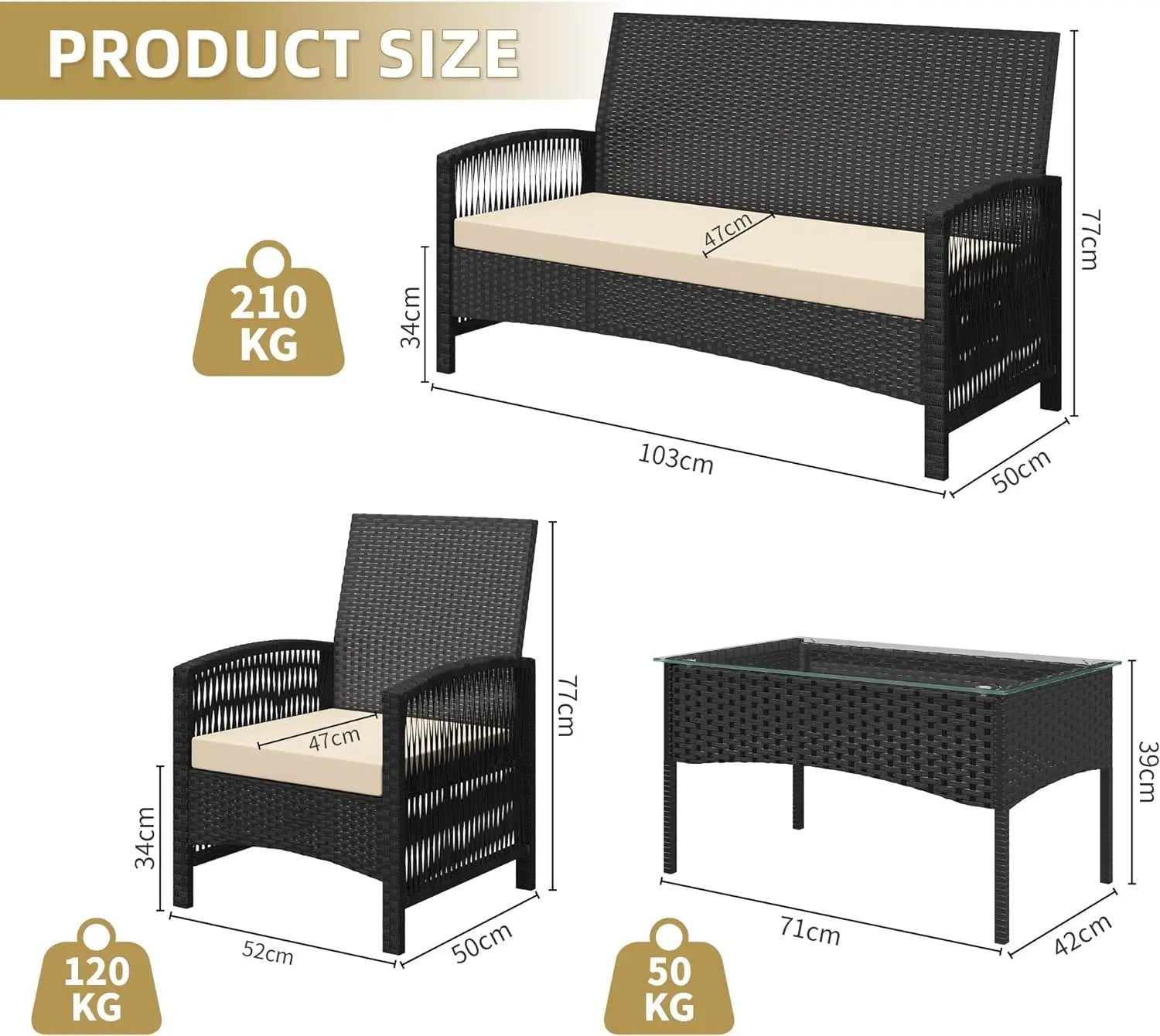 mcc direct 4Pcs Rattan Garden Furniture Set, Patio Rattan furniture sofa 2 Armchairs, 1 Loveseat Sofa and 1 coffee table Sofia