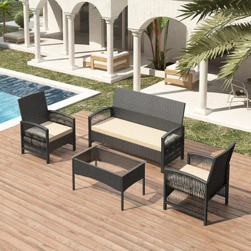 mcc direct 4Pcs Rattan Garden Furniture Set, Patio Rattan furniture sofa 2 Armchairs, 1 Loveseat Sofa and 1 coffee table Sofia