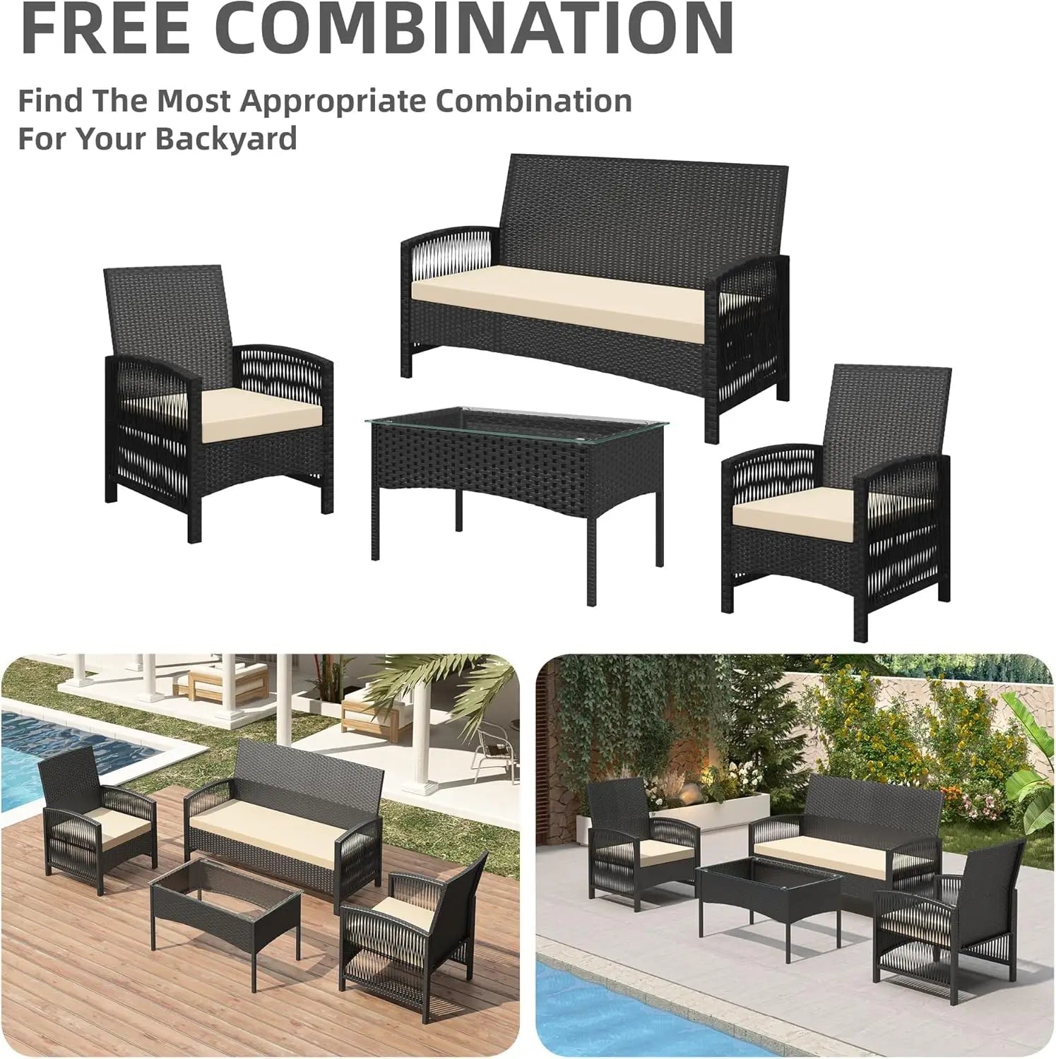 mcc direct 4Pcs Rattan Garden Furniture Set, Patio Rattan furniture sofa 2 Armchairs, 1 Loveseat Sofa and 1 coffee table Sofia