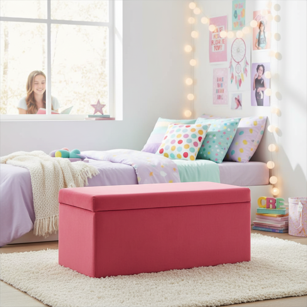 Mia Pink Velvet Kids Ottoman