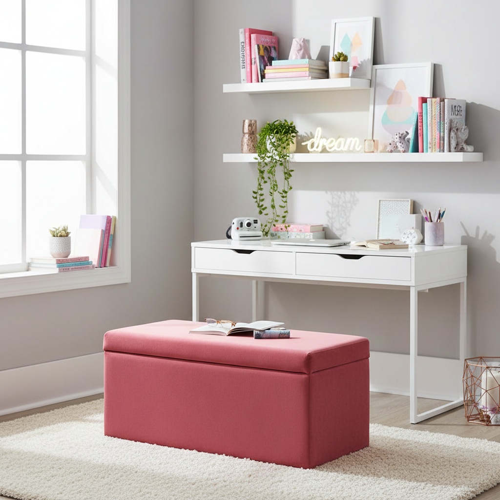 Mia Pink Velvet Kids Ottoman