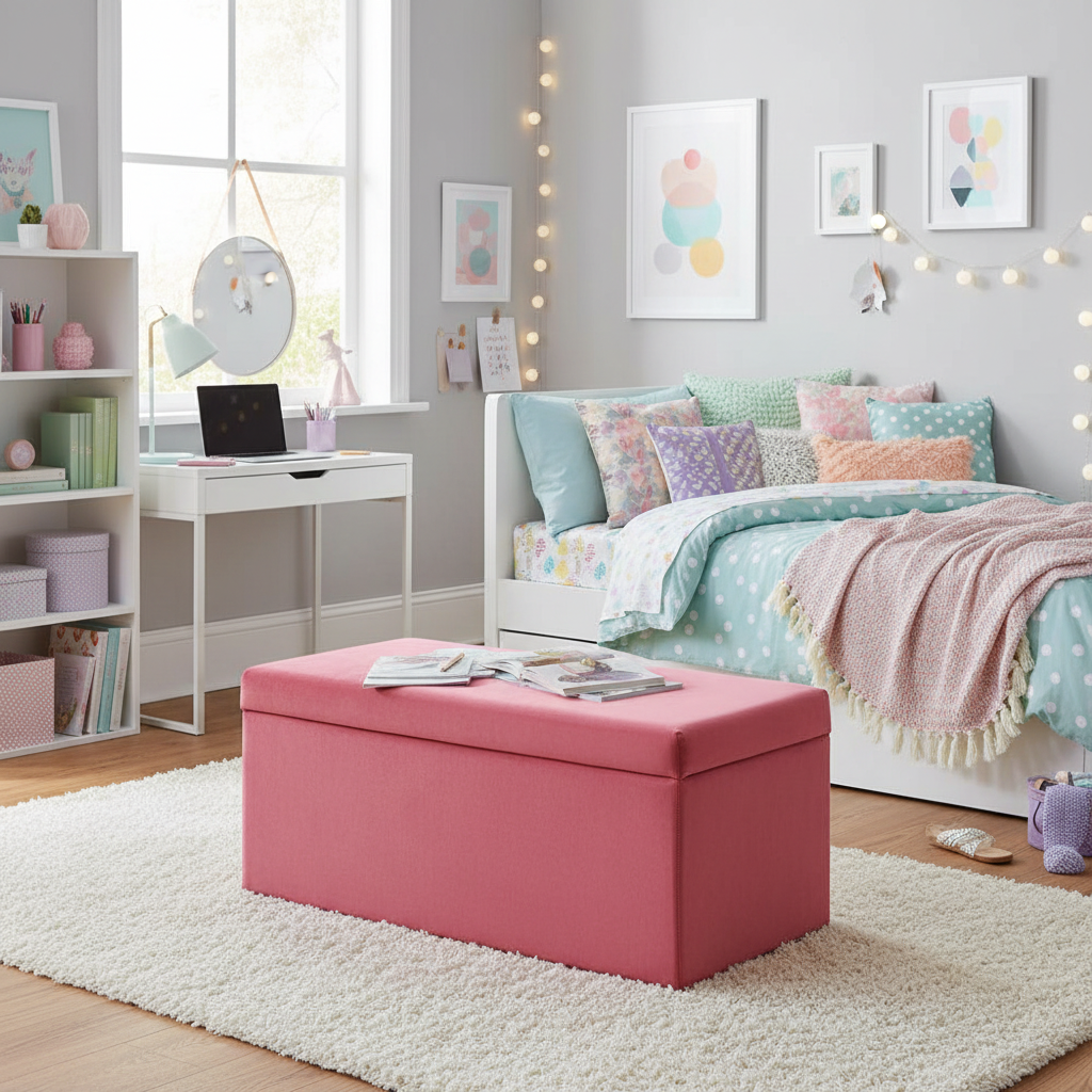 Mia Pink Velvet Kids Ottoman