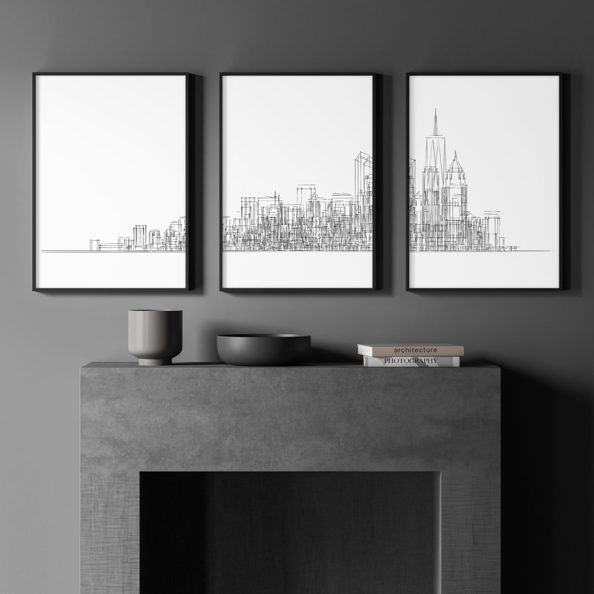 Minimalism Wall Art New York Skyline Line Art Skyscraper wall art displayed on a wall in a styled room