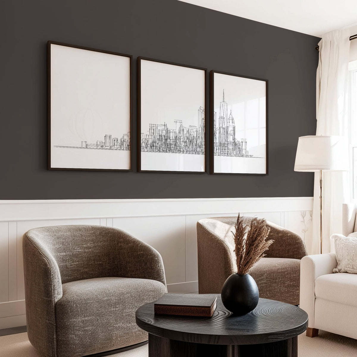 Minimalism Wall Art New York Skyline Line Art Skyscraper wall art displayed on a wall in a styled room — view 3