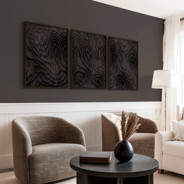 Minimalist Art Dark Charcoal Abstract Topographic Wave Texture wall art displayed on a wall in a styled room