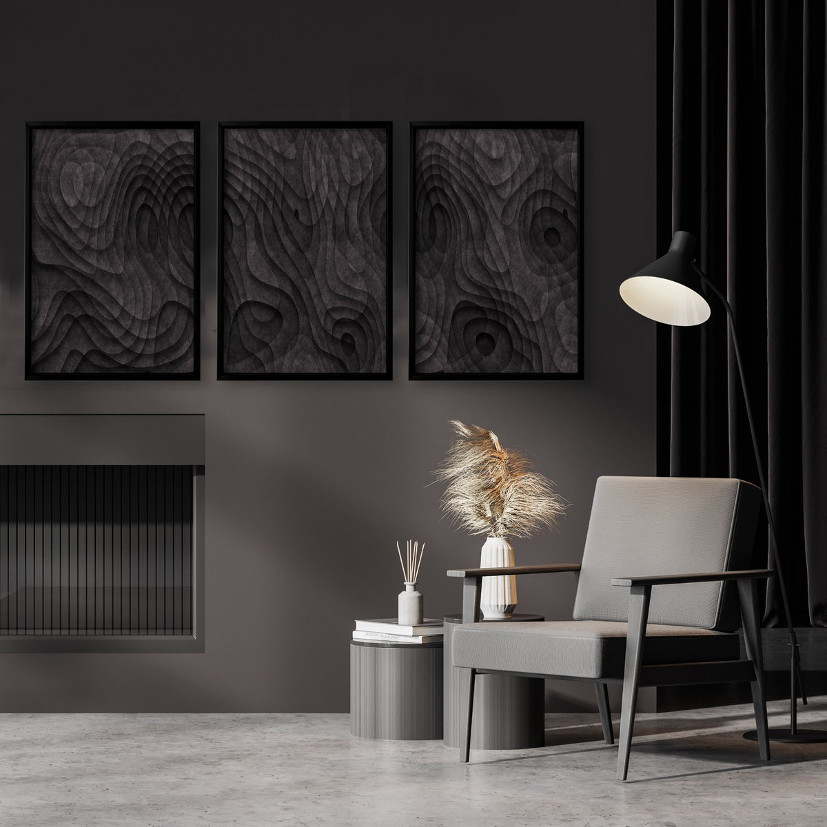 Minimalist Art Dark Charcoal Abstract Topographic Wave Texture wall art displayed on a wall in a styled room — view 2
