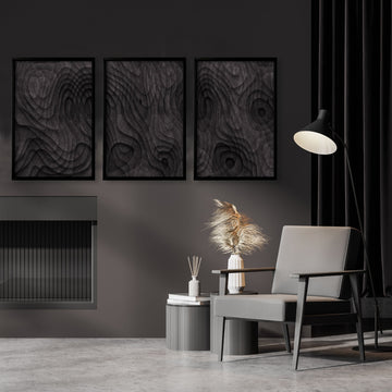 Minimalist Art Dark Charcoal Abstract Topographic Wave Texture wall art displayed on a wall in a styled room — view 2