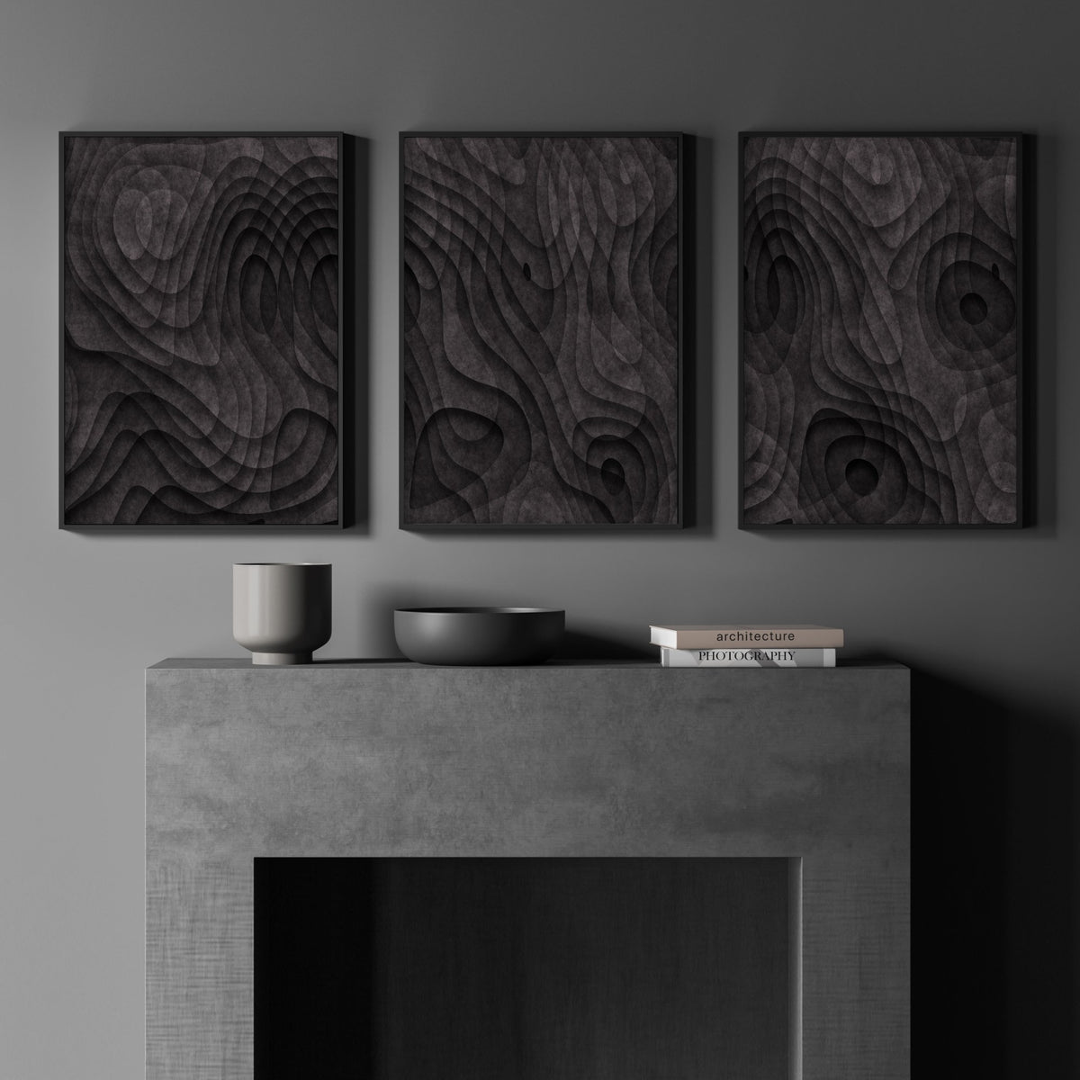 Minimalist Art Dark Charcoal Abstract Topographic Wave Texture wall art displayed on a wall in a styled room — view 3