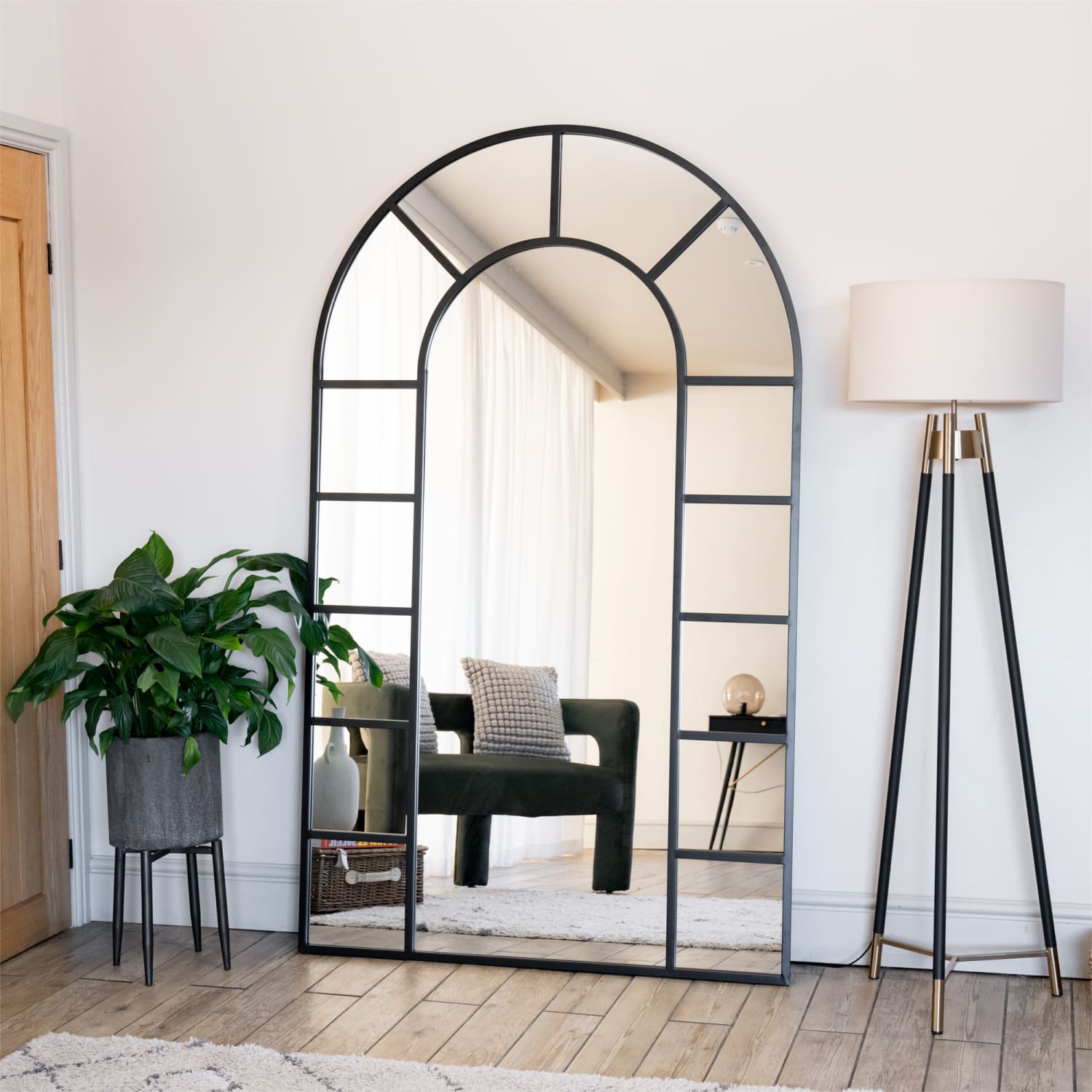 Mio - Full Length Black Metal Arched Window Mirror - 180cm x 90cm.