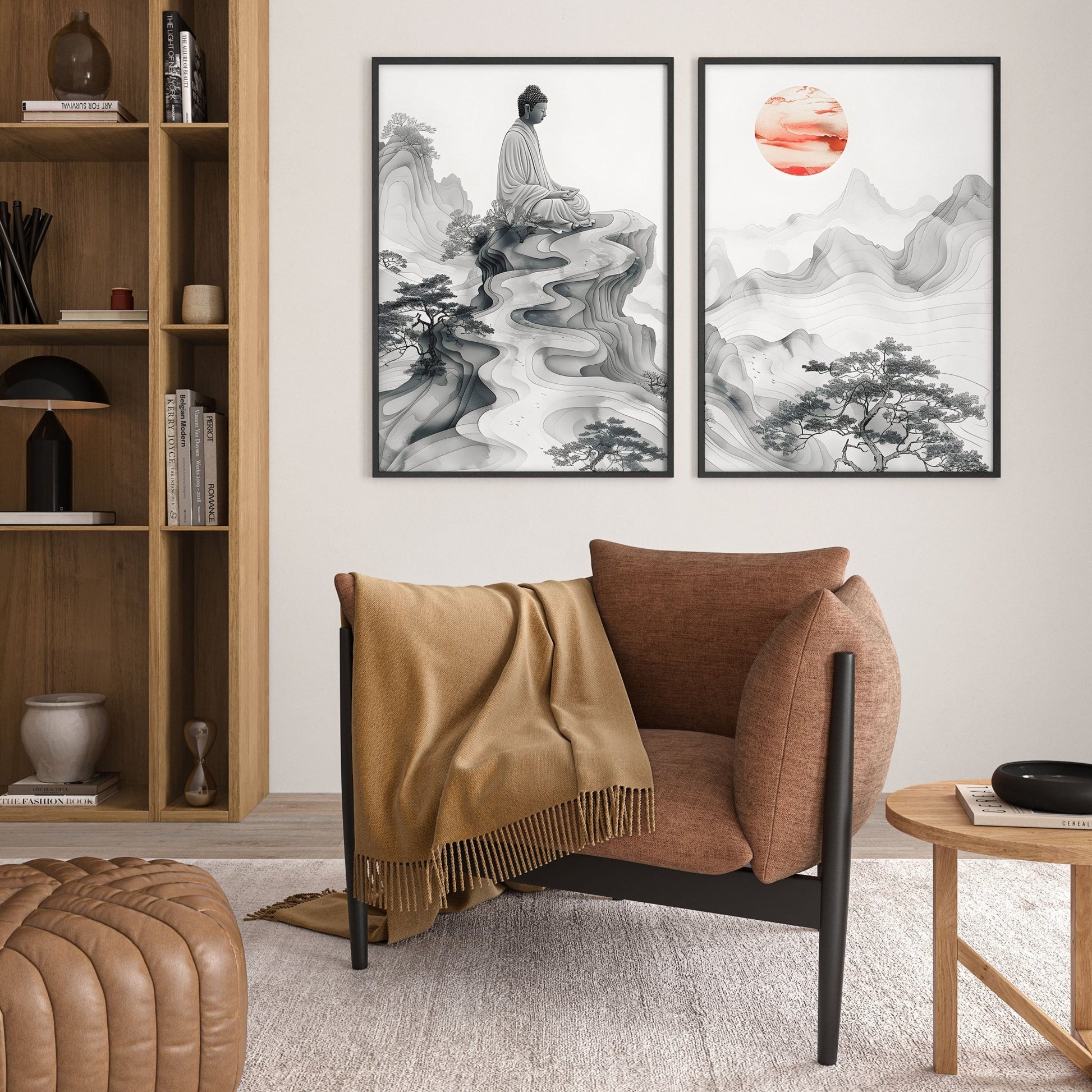 Modern Artwork For Living Room | Set of 2 Asian Inspired Wall art Prints