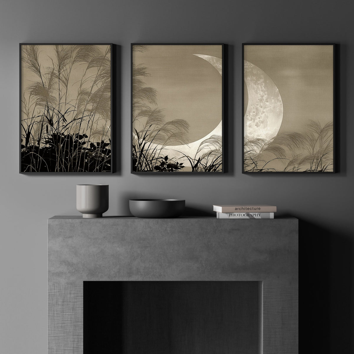 Modern Asian Wall Art Japanese Crescent Moon & Pampas Grass Japandi wall art displayed on a wall in a styled room