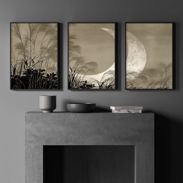 Modern Asian Wall Art Japanese Crescent Moon & Pampas Grass Japandi wall art displayed on a wall in a styled room