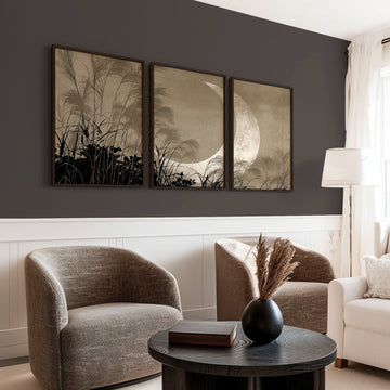 Modern Asian Wall Art Japanese Crescent Moon & Pampas Grass Japandi wall art displayed on a wall in a styled room — view 2