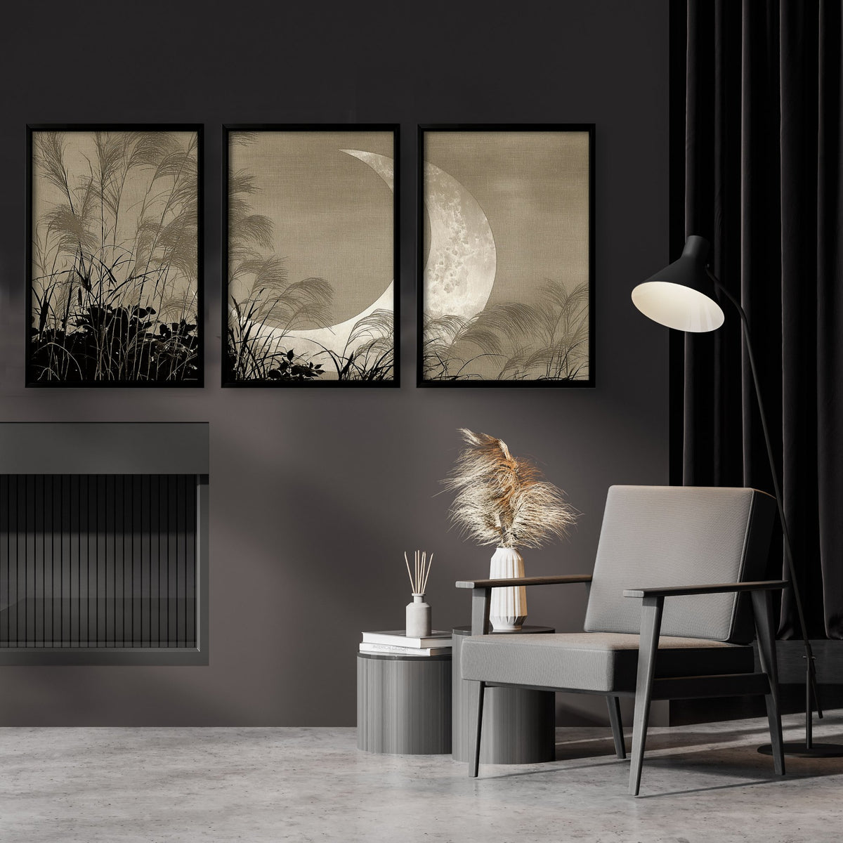 Modern Asian Wall Art Japanese Crescent Moon & Pampas Grass Japandi wall art displayed on a wall in a styled room — view 3