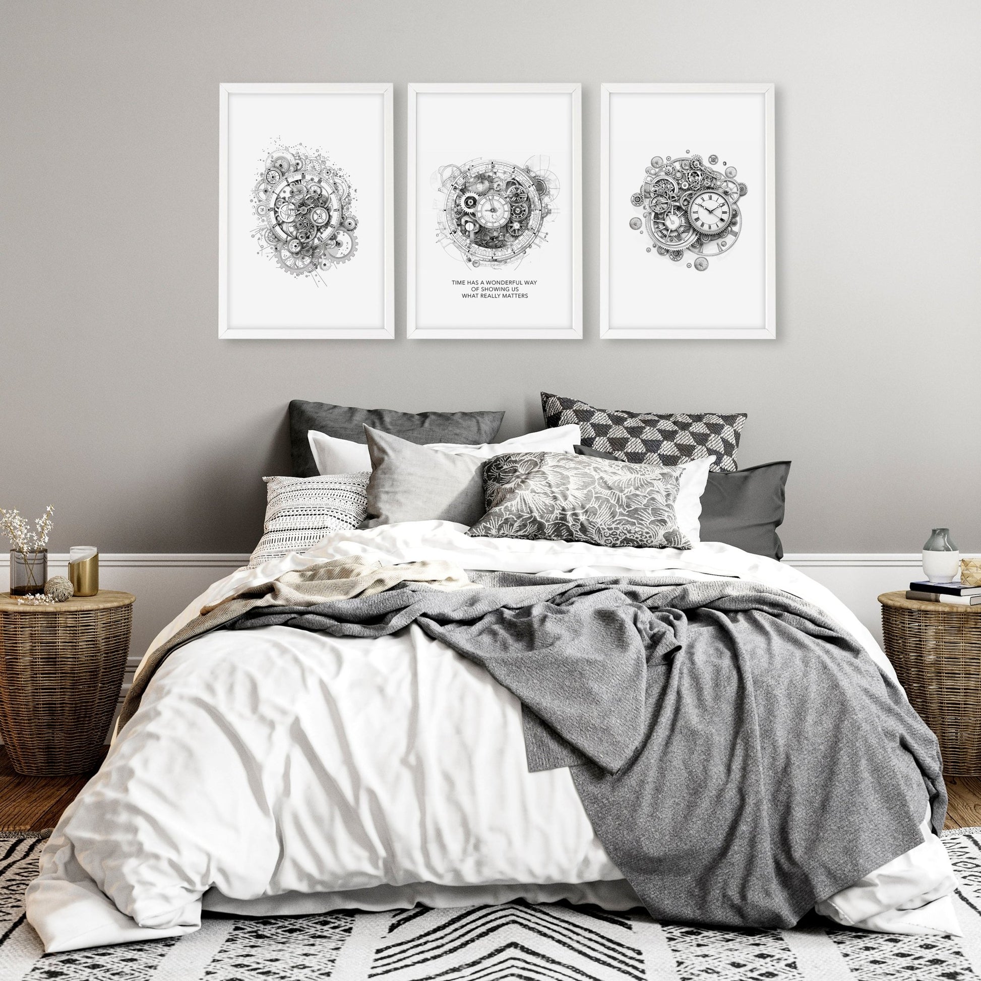 Modern Bedroom Wall Decor | Set of 3 Abstract Clocks Wall art Prints