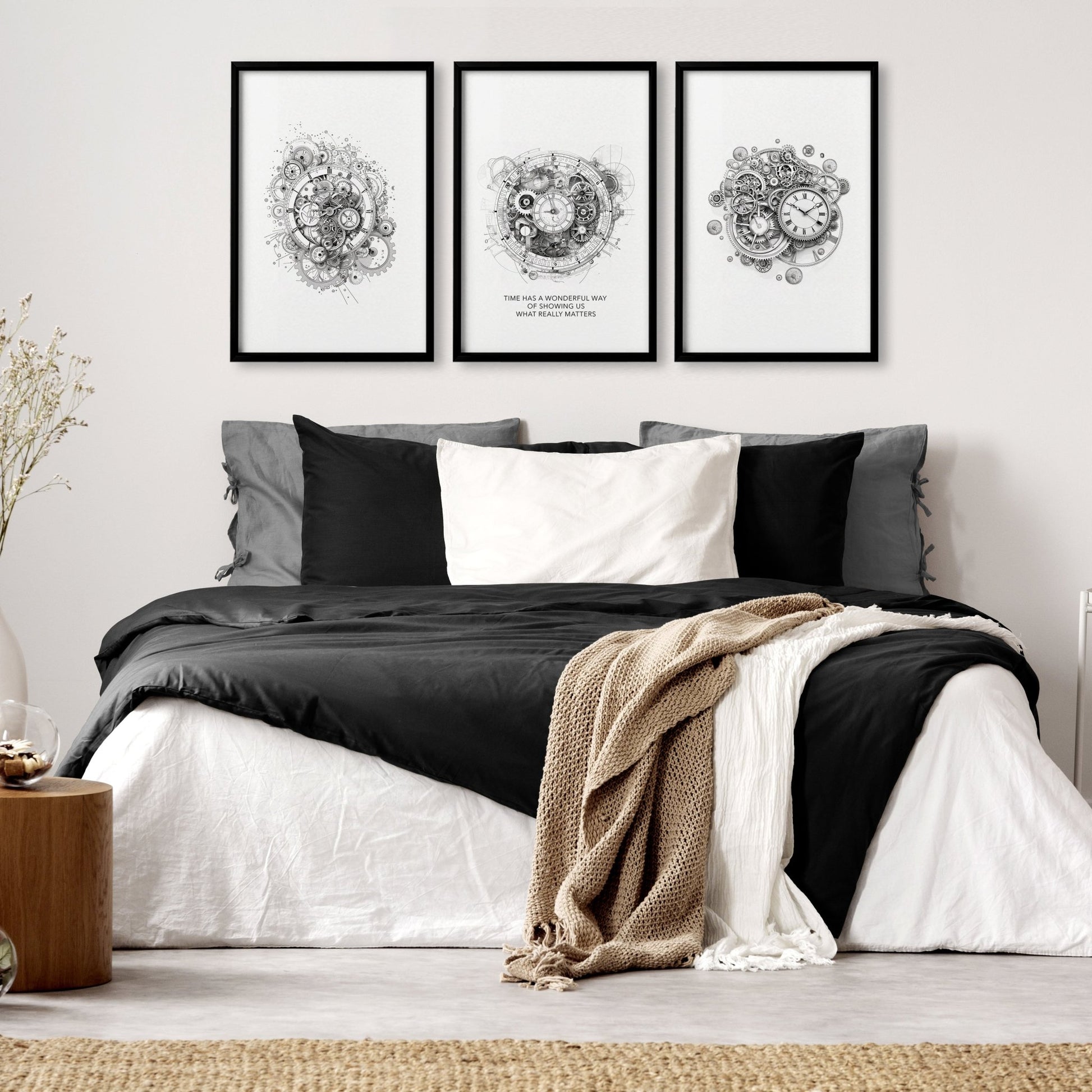 Modern Bedroom Wall Decor | Set of 3 Abstract Clocks Wall art Prints