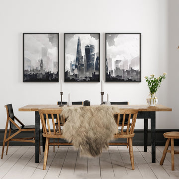 Modern Contemporary Wall Decor London Skyline Grey Watercolour Art wall art displayed on a wall in a styled room