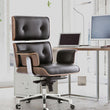 Modern E69 High Back Office Chair Black Premium Leather/ Walnut