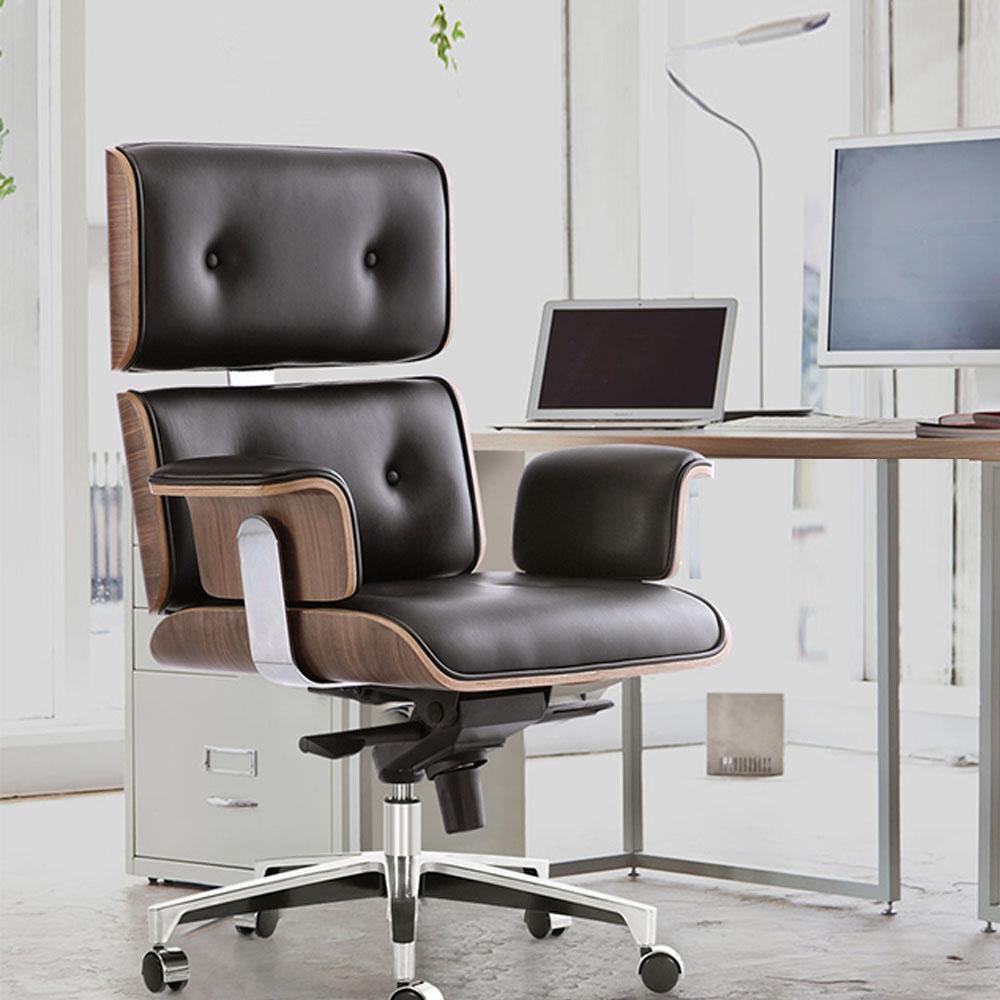 Modern E69 High Back Office Chair Black Premium Leather/ Walnut