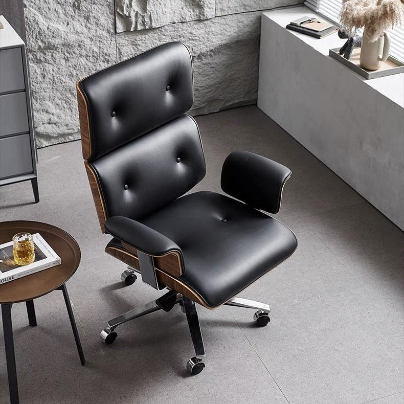 Modern E69 High Back Office Chair Black Premium Leather/ Walnut