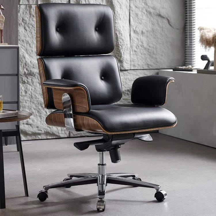 Modern E69 High Back Office Chair Black Premium Leather/ Walnut