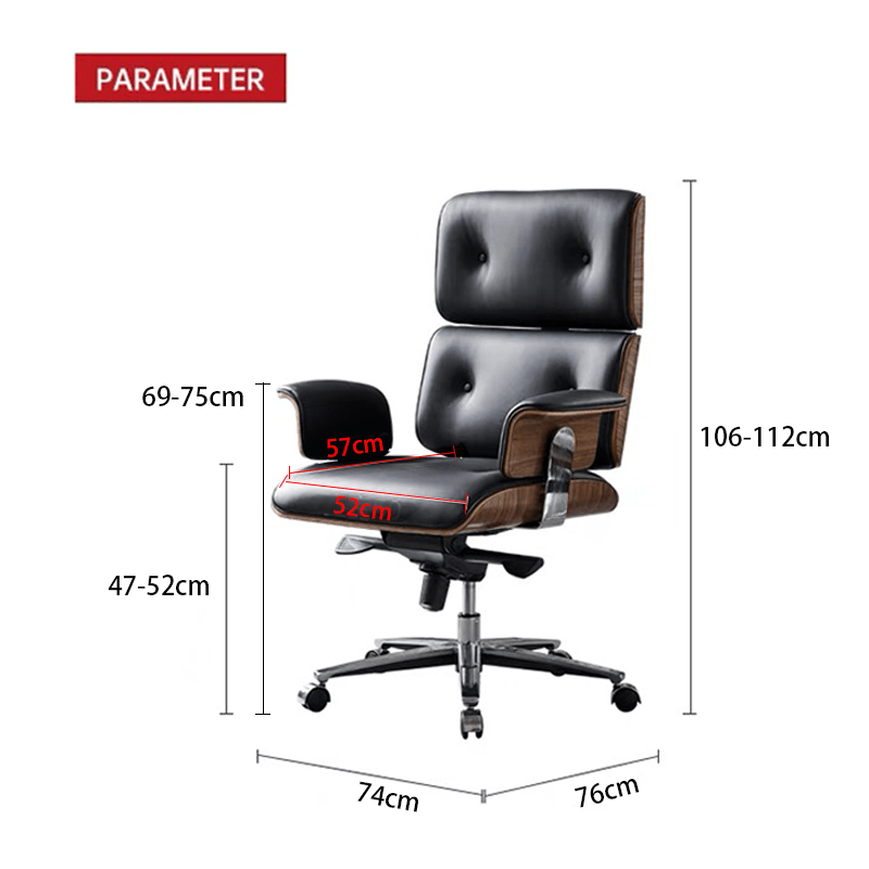 Modern E69 High Back Office Chair Black Premium Leather/ Walnut