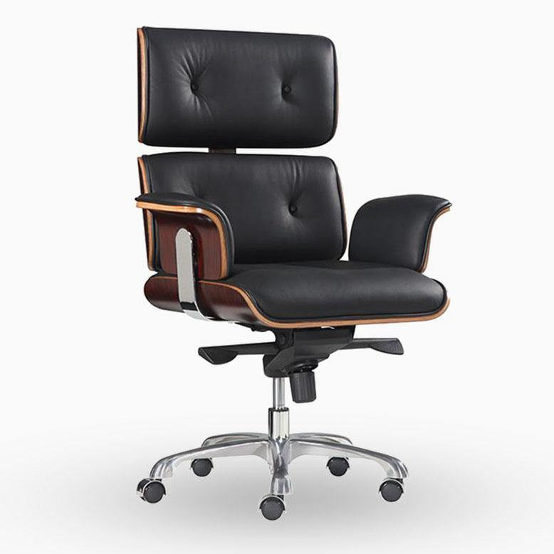 Modern E69 High Back Office Chair Black Premium Leather/ Walnut