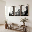 Modern Japanese Art wall art | Ink Landscape with Red Sun & Pine Trees displayed on a wall in a styled room — view 2